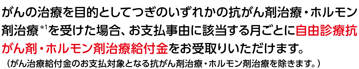 がんの治療を目的としてつぎのいずれかの抗がん剤治療・ホルモン剤治療※1を受けた場合、お支払事由に該当する月ごとに自由診療抗がん剤・ホルモン剤治療給付金をお受取りいただけます。